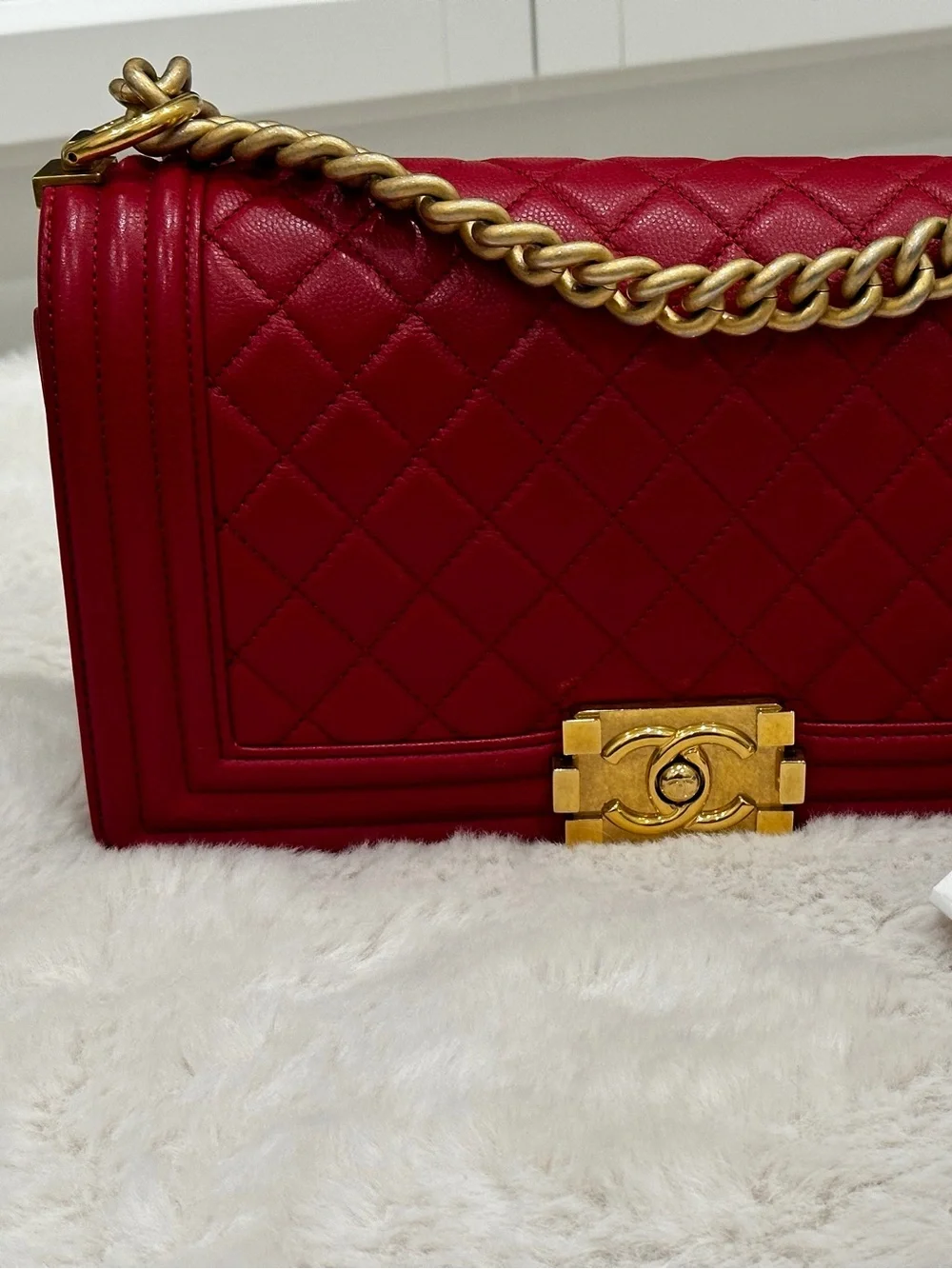 CHANEL Red Quilted Crossbody with Gold Chain Strap